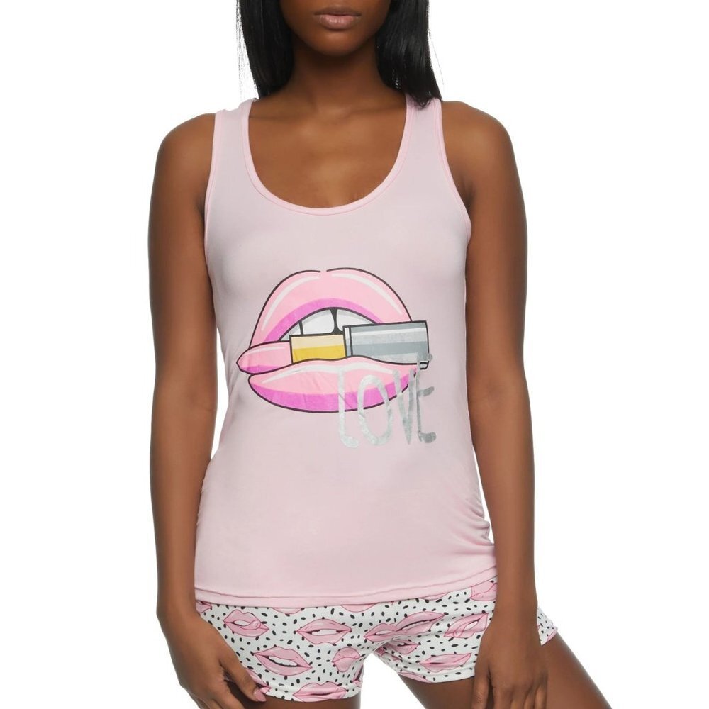 NWT EMME JORDAN Love Lip Graphic Pajama Tank Top and‎ Shorts Size 2X Color Pink